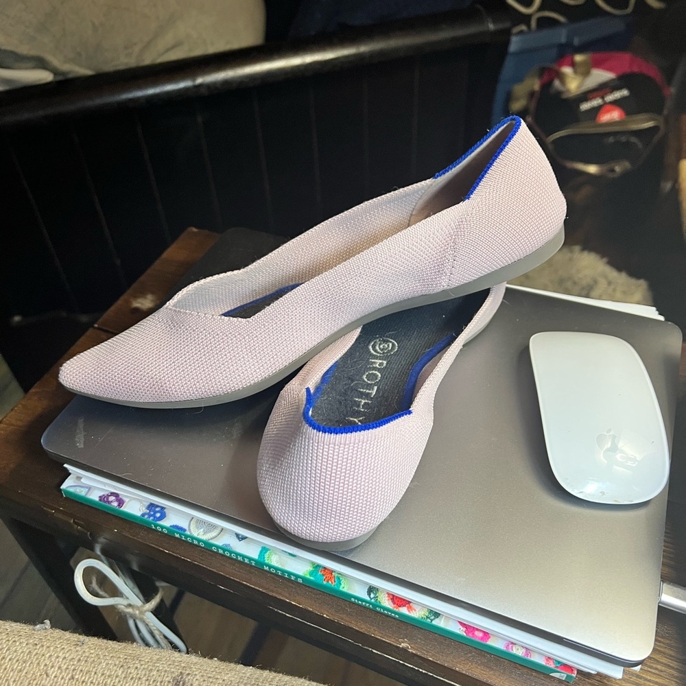 Rothy's Soft Pink Flats with Blue Trim